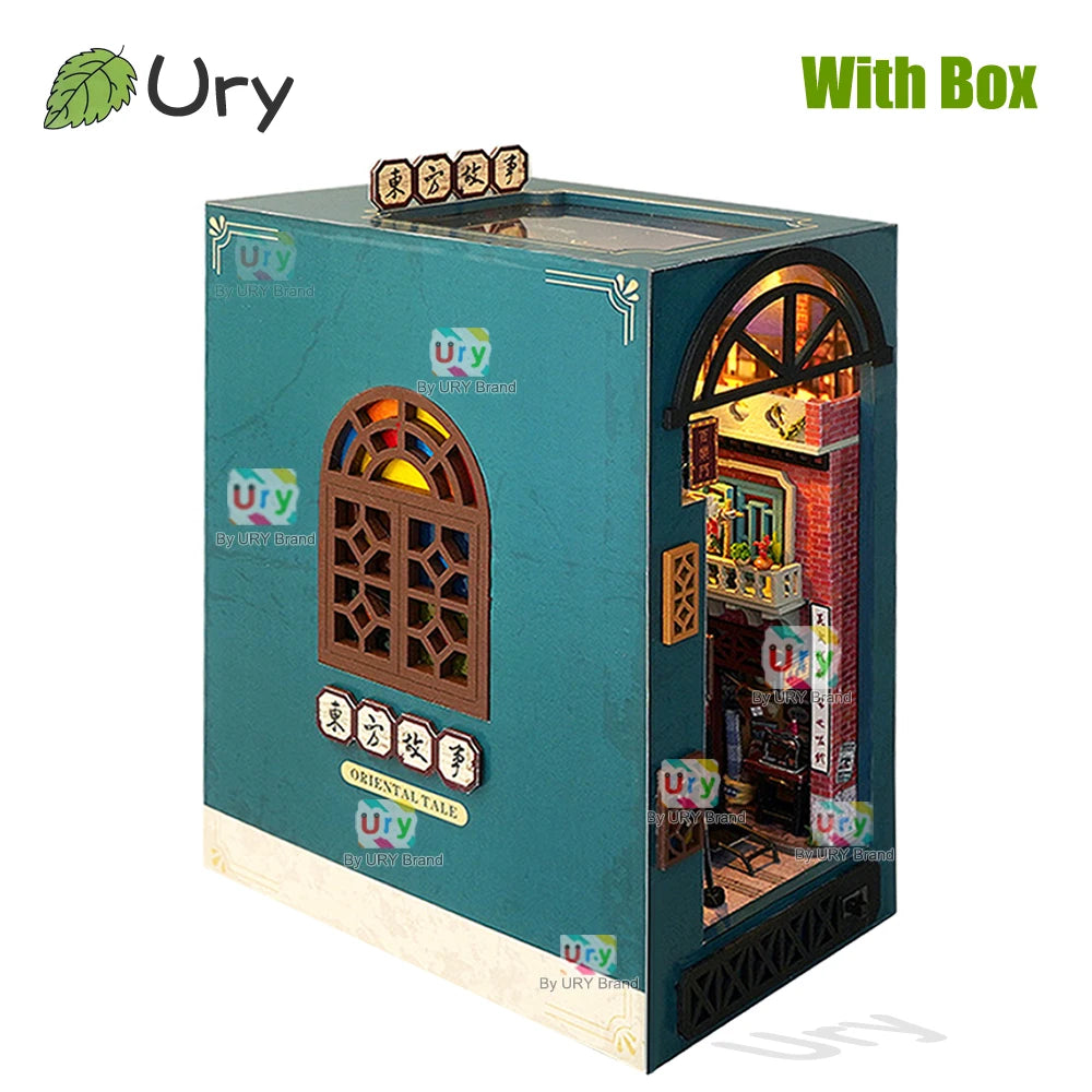 Ury 3D Wooden Puzzle Light LED Retro Shanghai Street Book Nook Shelf Kit Miniature Fairy Tale Town Bookshelf Toy Girl Xmas Gift