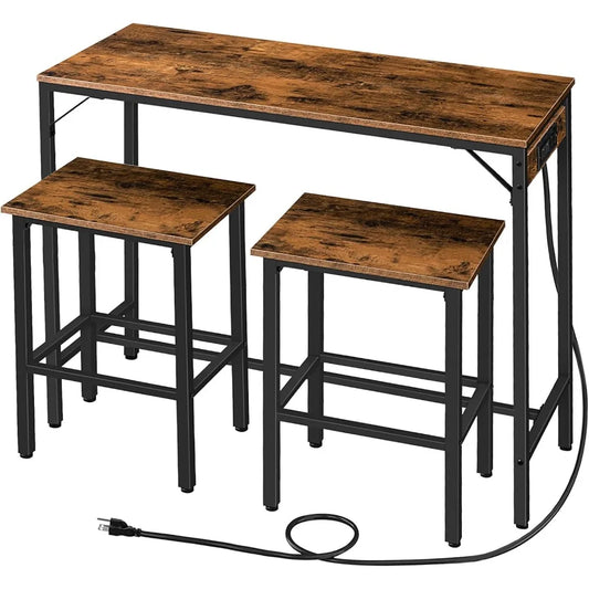 Bar Table and Chairs Set, 47.2" Dining Set with Power Outlet, 3-Piece Pub Table Set, Kitchen Bar with Stools of 2