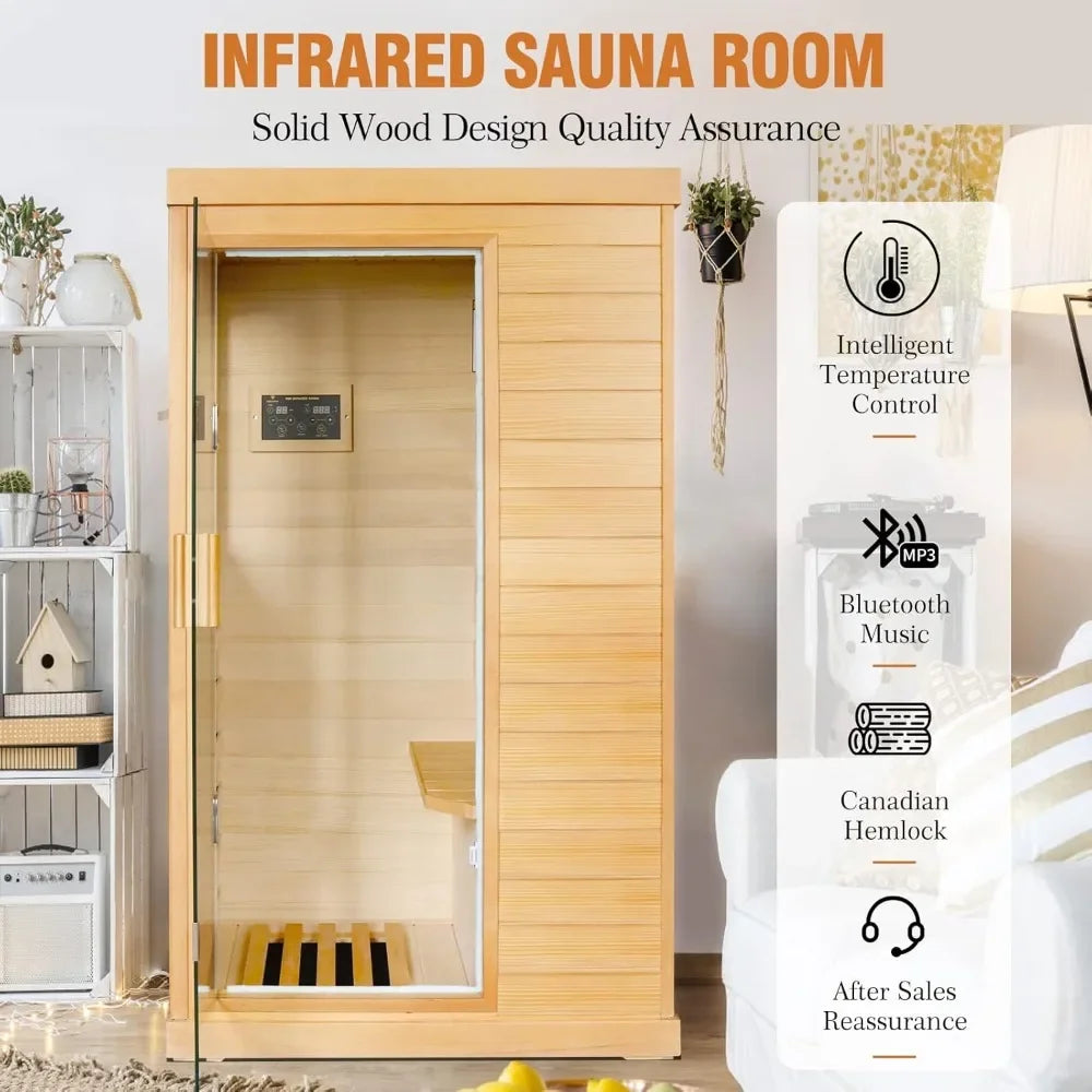 Sauna Home Sauna Spa Room Canadian Hemlock Wood 800W Indoor Saunas 110V with Control Panel and Tempered Glass Door, Room