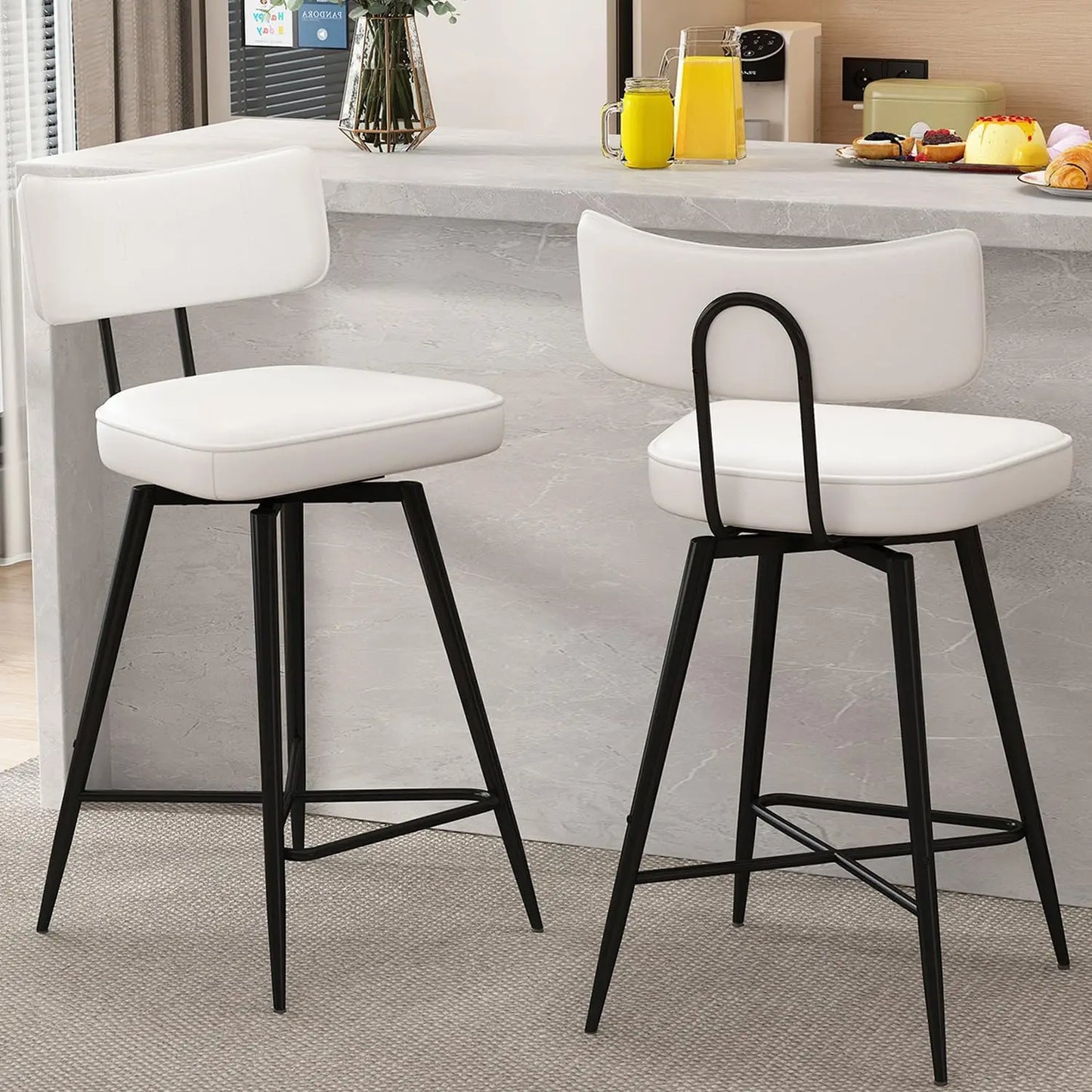 Swivel Bar Stools Set of 2, 26" Modern Counter Height Barstools, Leather Kitchen Stools with Back Footrest Metal Legs Bar Chairs