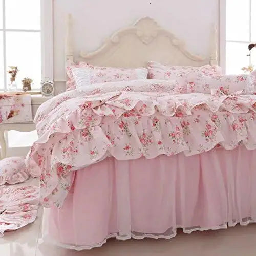 Romantic Roses Print Duvet Cover Set with Bed Skirt Pink Lace Ruffle Floral Shabby Chic Bedding Sets Queen 4 Piece