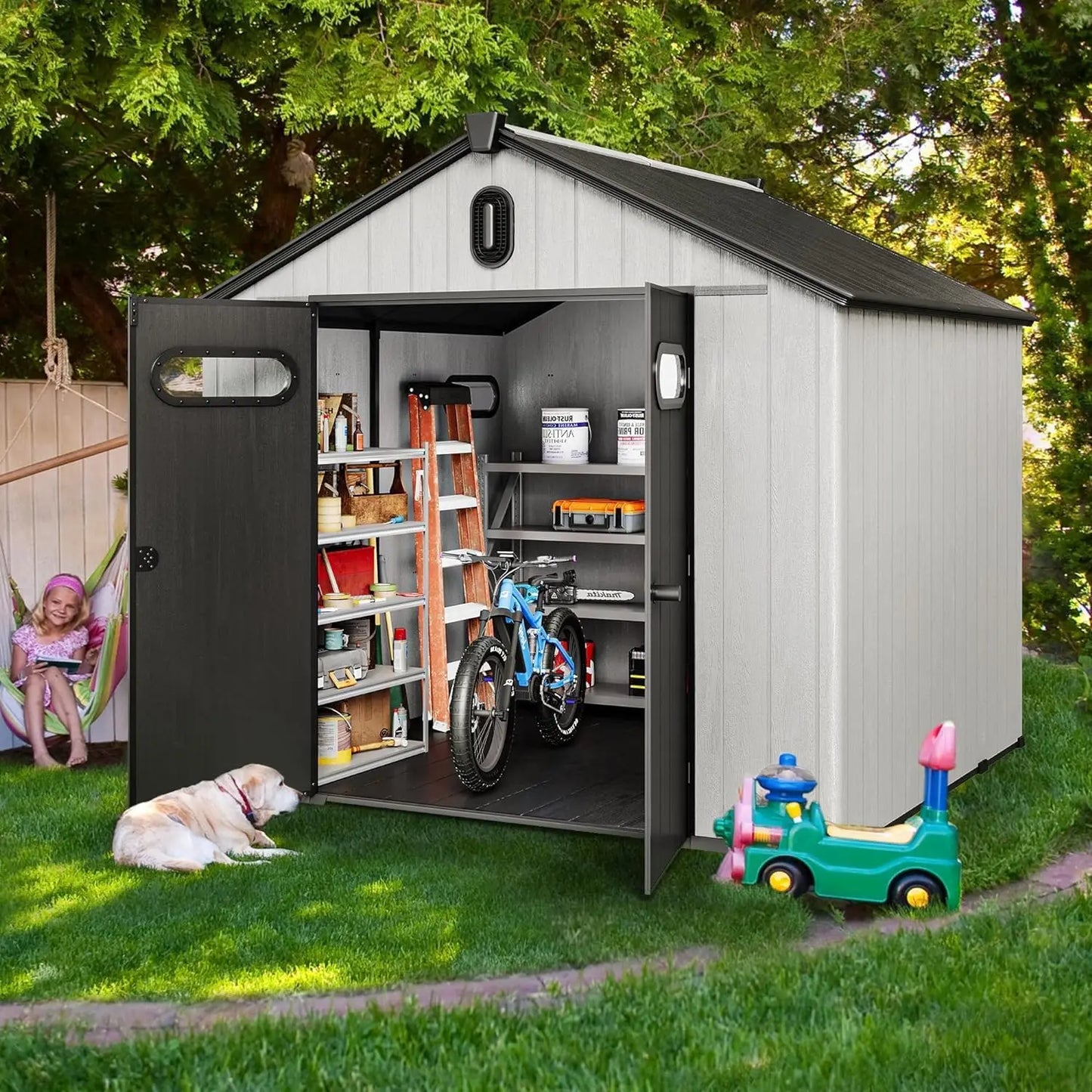 8x8ft Outdoor Resin Storage Shed with Floor, Waterproof Garden Shed with Lockable Door, Windows & Vents, Plastic Tool Storage