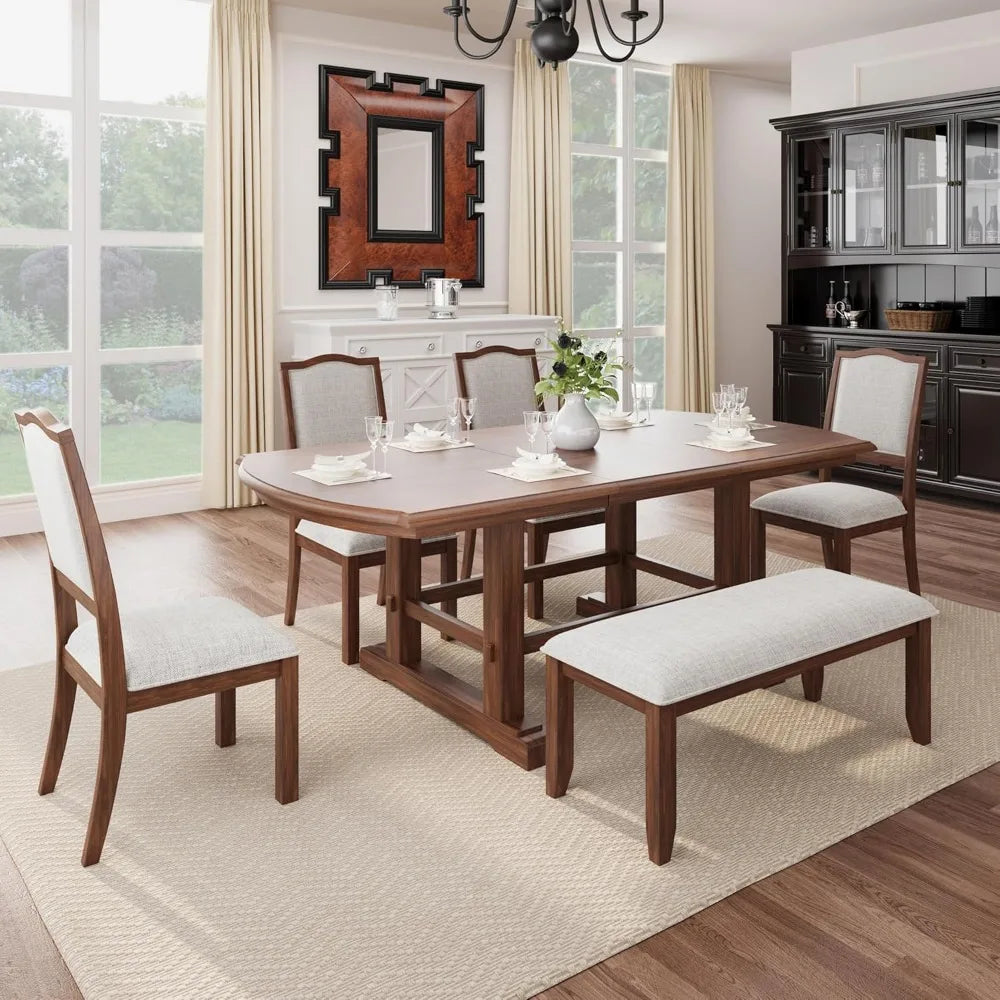 6-Piece Dining Table Set, Extendable Wood Dinings Tables and 4 Upholstered Chairs and Bench, Kitchen Dining Room Table Set