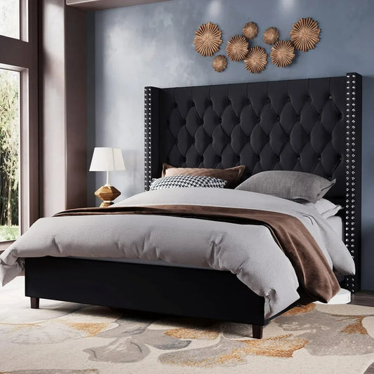 Velvet Upholstered Bed Frame Queen Size 61.4" Tall Headboard Queen Bed Frame/Deep Button Tufted/No Box Spring Needed/Black Beds