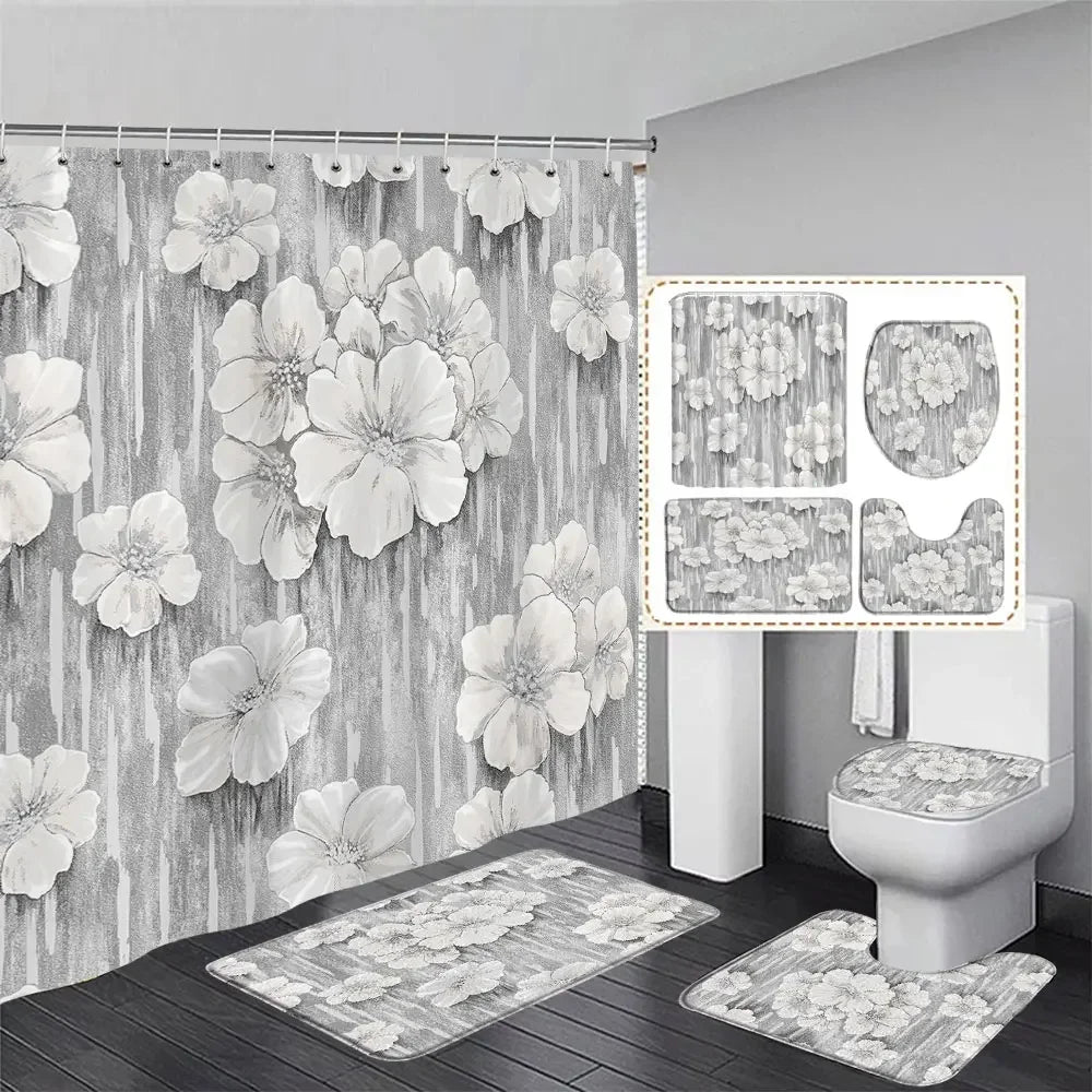 Elegant Bouquet of Fantastic White Flowers 3D Style Shower Curtain Bathroom Curtain with Bath Rug Carpet Set Floral Home Decor