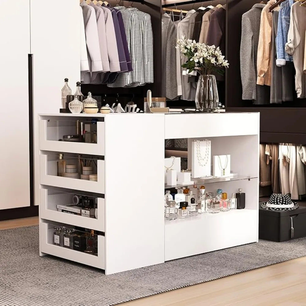 Wardrobe  Armoire Bedroom Island, Glass Tabletop & Storage Organizer, Wardrobe Closet with 7 Drawers and 2-Tier Shelf