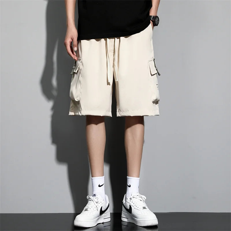 2024 New Summer Men's Loose Cargo Shorts Y2k Multi-Pockets Wide Leg Baggy Short Pants Ice Silk Quick Dry Straight Casual Shorts