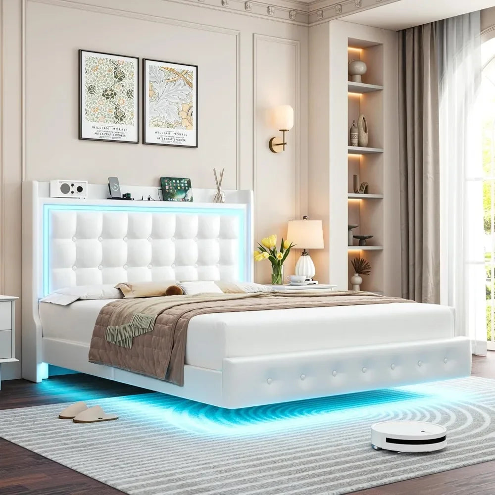 Leather Upholstered Full Floating Bed Frame with LED Lights and Charging Station with Button Tufted Storage Headboard,Bed Bases