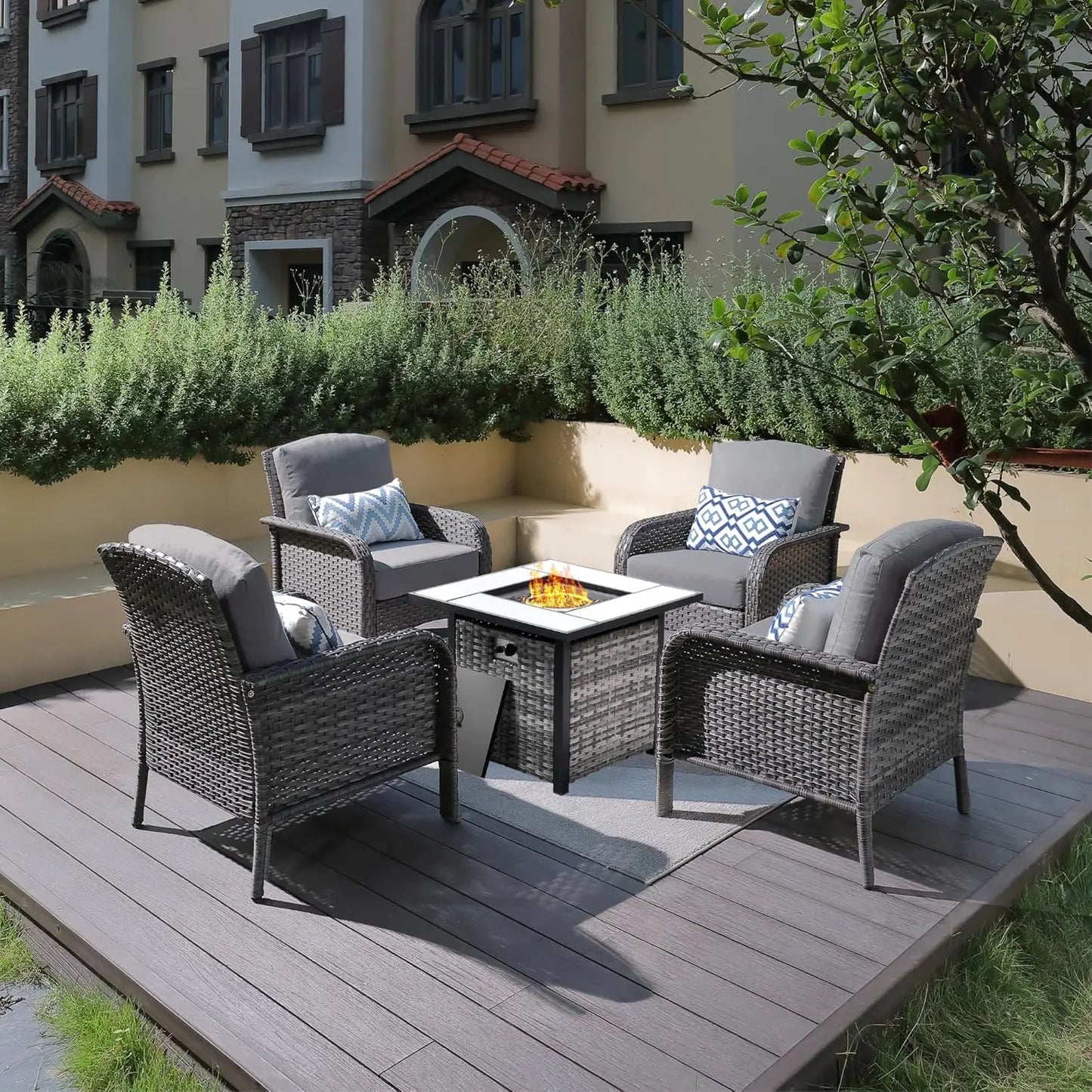 4 Pieces Patio Furniture Set with Fire Pit Table, Outdoor Wicker Chairs of 4, All Weather High Back Rattan Chairs 4 Seats