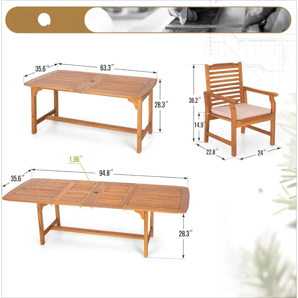 Patio Outdoor Table and Chairs Set, Acacia Wood Table Expandable with Hole and Chairs,9 Pieces Patio Table Sets