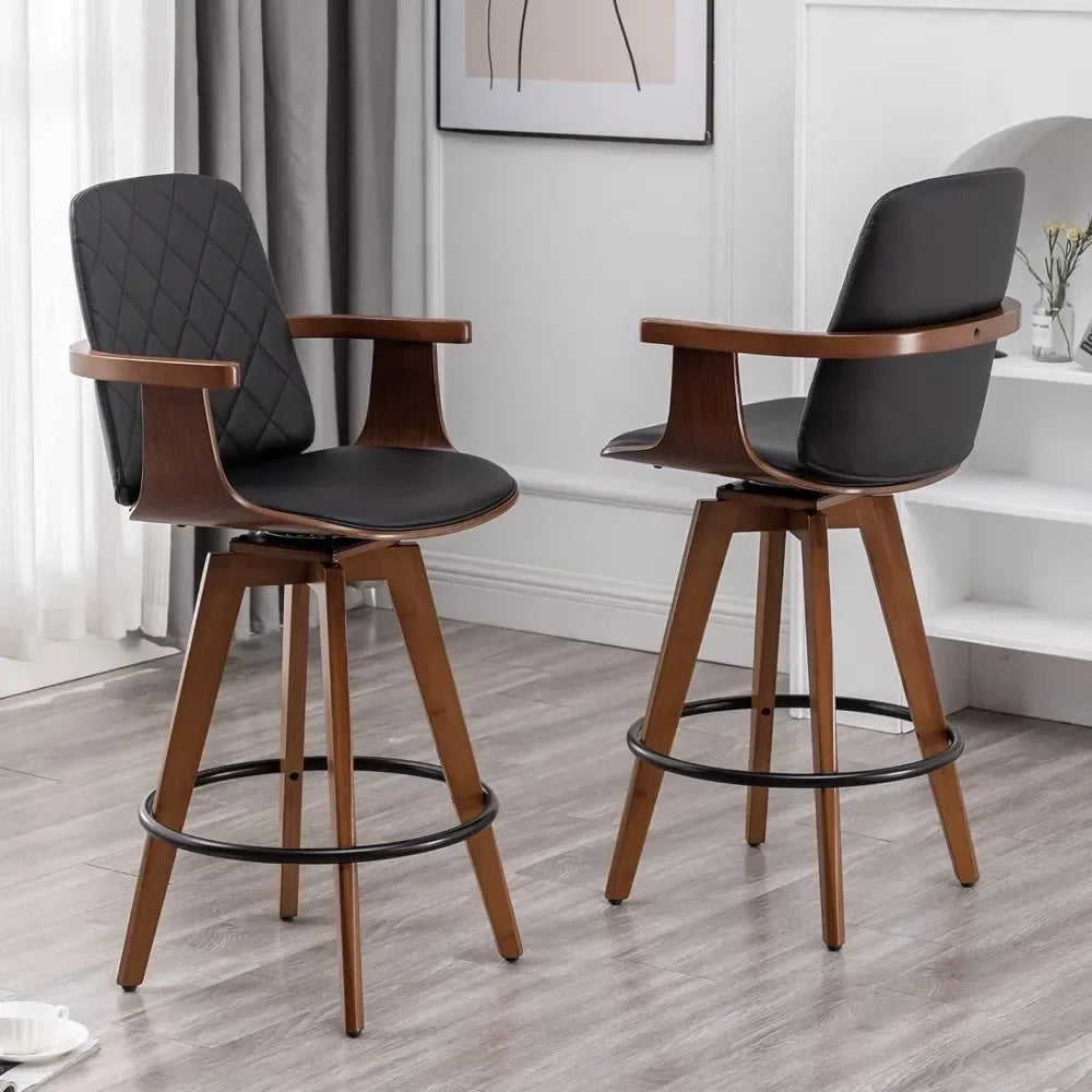 Bars Chairs, Upholstered Faux Leather Counter Height Bars Stools, Swivel Barstools with Wooden Arms and Legs, Bar Chair Sets