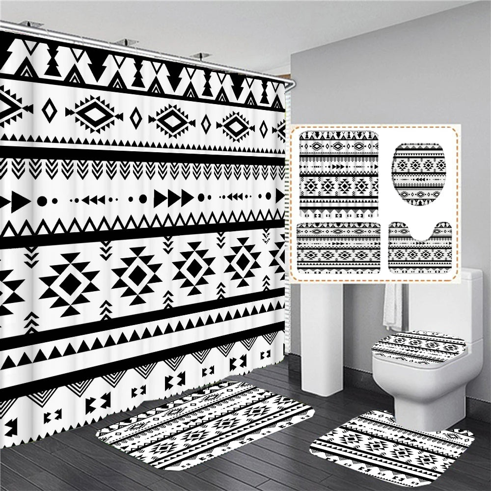 Ethnic Greek style Shower Curtains Waterpoof Bathroom Curtain  Traditional Meander Border Bath Curtain Set Bath Mats Rug Decor