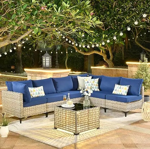 7 Piece Outdoor Patio Furniture, with Glowing Coffee Table, Rattan Wicker Coversation Set with Sofa, Garden Furniture Sets