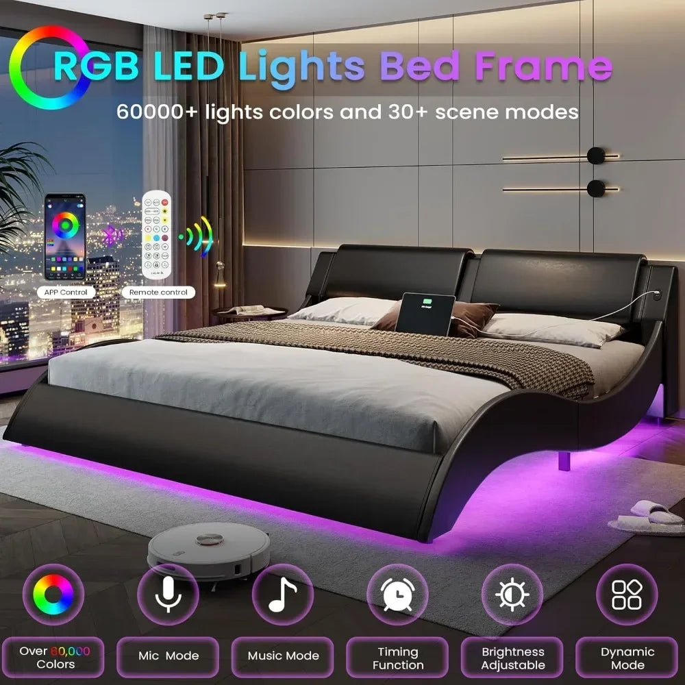 California King Bed Frame with Headboard and Led Lights， USB & Type-c Ports Faux Leather Bed,No Box Spring Needed Black