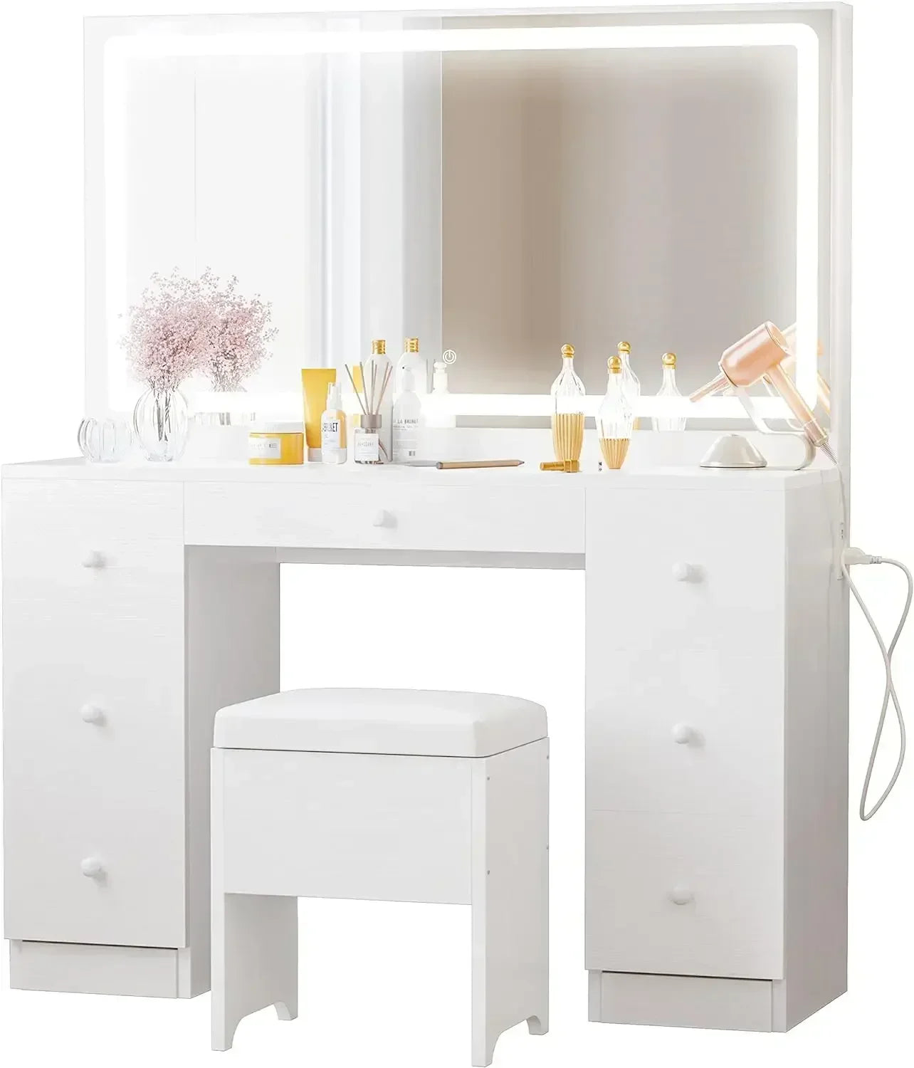 Vanity Desk Set with LED Lighted Mirror & Power Outlet, Makeup Vanities Dressing Table  for Bedroom with Stool 7 Drawers