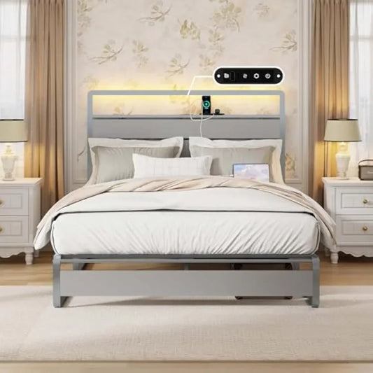 Metal Queen Bed Frame with Storage Headboard,Platform Bed Frame Queen Size with LED Lights and Charging Station, free shipping