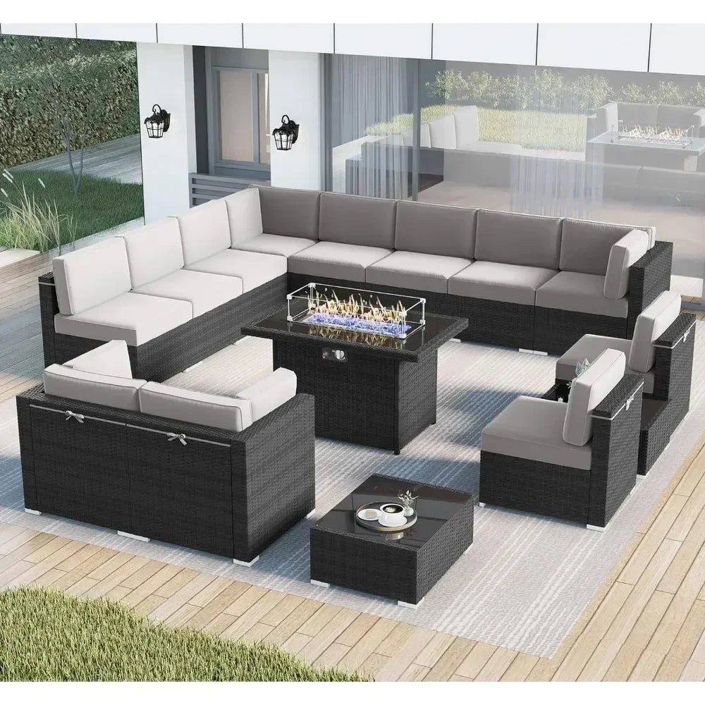 15 Piece Patio Furniture Set ,with Fire Pit Table, Outdoor Conversation Set Wicker Rattan Sectional  with Coffee Table