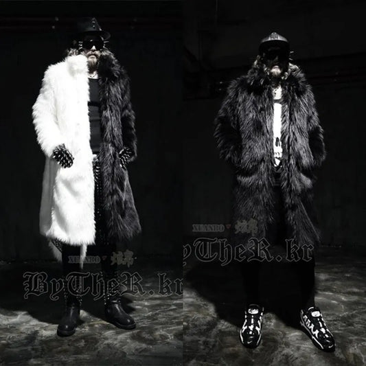 Imitation Fur Coatslong Trench Coat Men's Black and White Color Matching Coat Outwear Faux Fur Steampunk Fur Jackets Coats