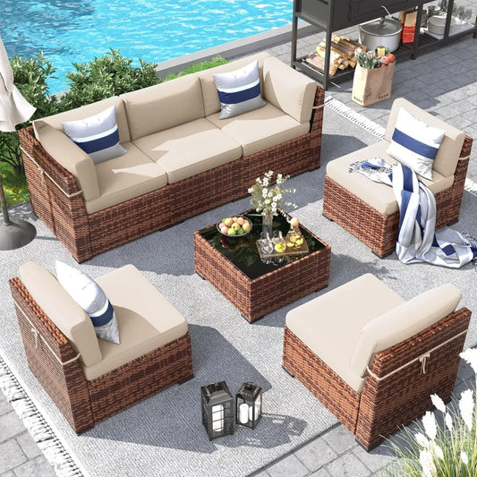 Patio Furniture Set, Sectional Sofa, for All Weather Rattan Patio Couch for Porch Garden Backyard ,7 Pieces Outdoor Sofa Sets