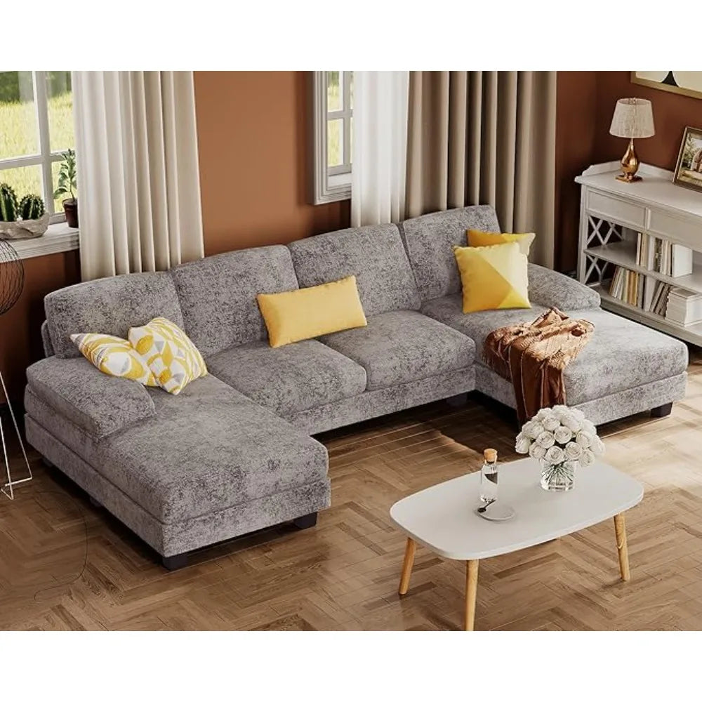 Sectional Couches for Living Room, U-Shaped Sofa Couch with Linen Fabric, 4 Seat Sofa Set with Double Chaise