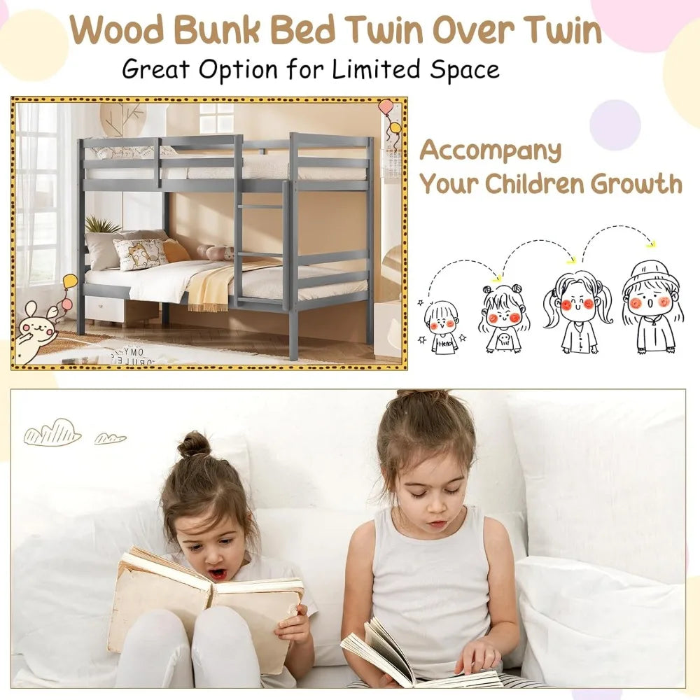 Wood Bunk Bed Twin Over Twin, with Ladder & Safety Guardrail, Solid Wood Bed Frame, No Box Spring Needed, Kids Bunk Bed