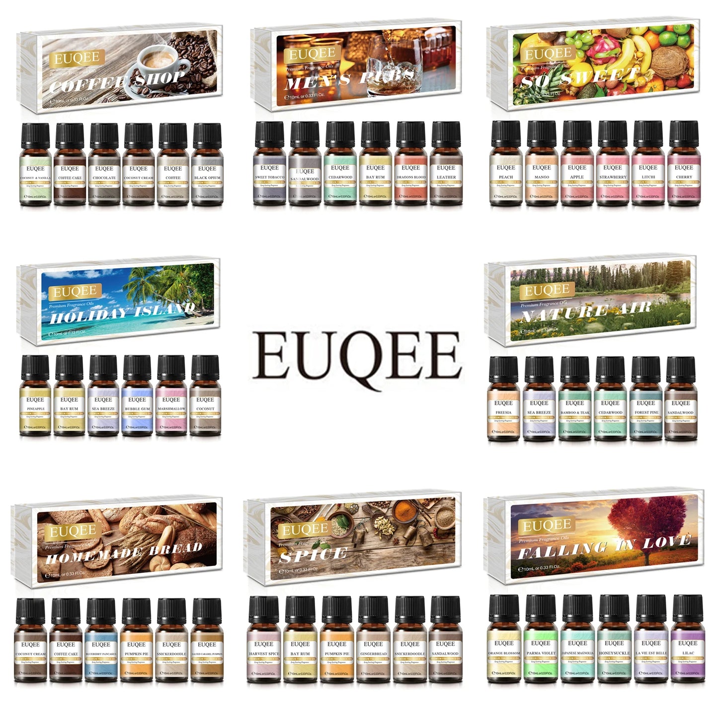 EUQEE 6pcs/set Fragrance Oil Gift Kit For Diffuser Coffee Bakery Harvest Spice Pumpkin Pie Forest Pine Sweet Fruit Aroma Oils