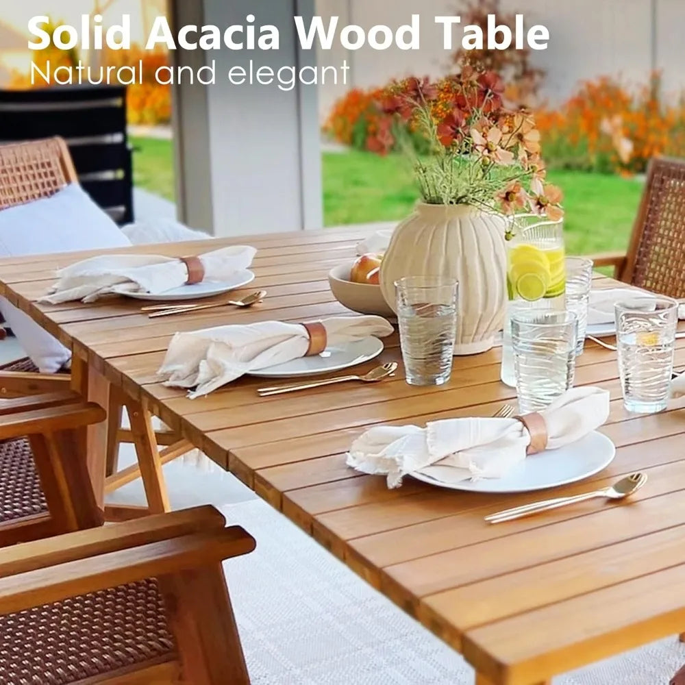 9 PCS Wood Outdoor Dining Set for 8, Teak Rectangle Wooden Table & Dining Chairs with Wicker Seat and Back, Dining Furniture Set