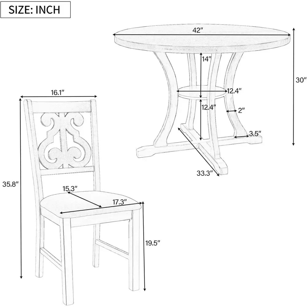 5 Piece Round Dining Table and Upholstered Chair Set with Special-Shaped Legs and Hollow Chair Back for Dining Room