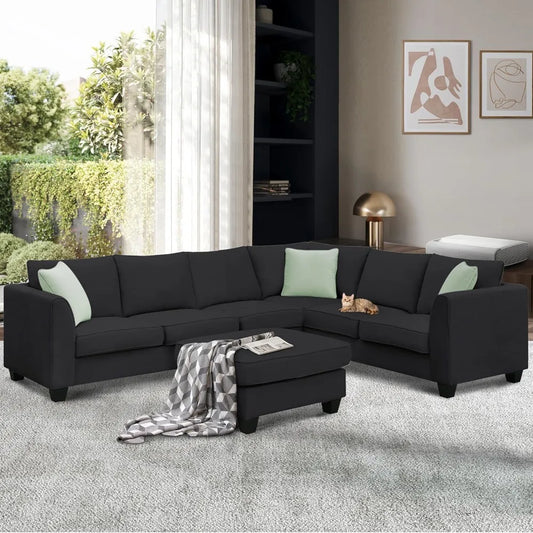 Modern 7 Seats Modular Sectional Sofa with Ottoman, L Shape Polyester Sofa Corner Couch Set with 3 Pillows for Living Room