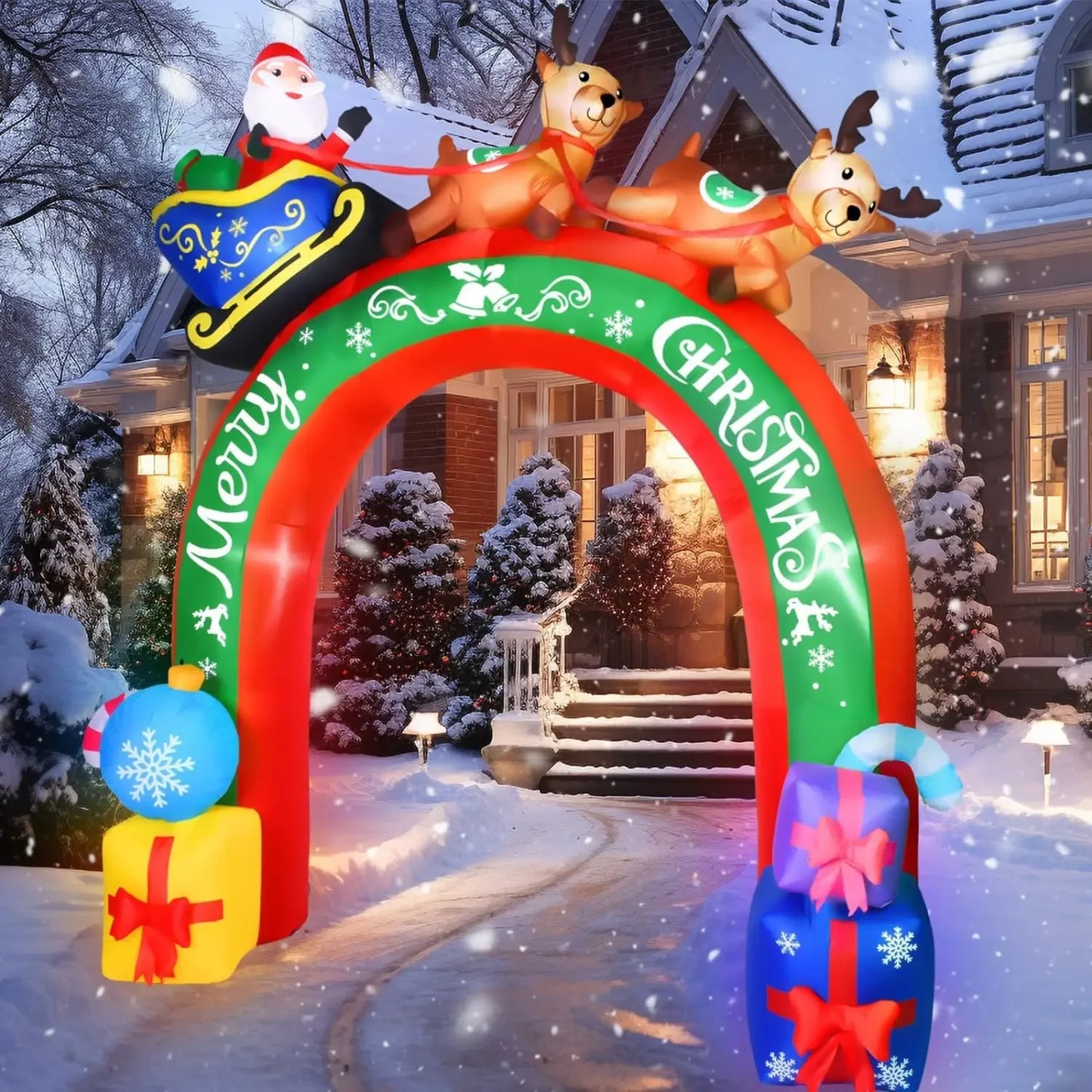 10 FT Christmas Inflatable Archway Santa Claus on Sleigh with Reindeers Christmas Blow Up Yard Decorations