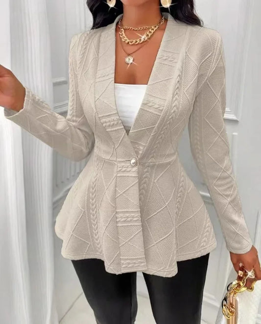 2024 Autumn Women's Chic Textured Jacket With Beaded Buttons V-Neck Ruffled Elegance Long Sleeves Ruffled Hem Perfect Outerwear