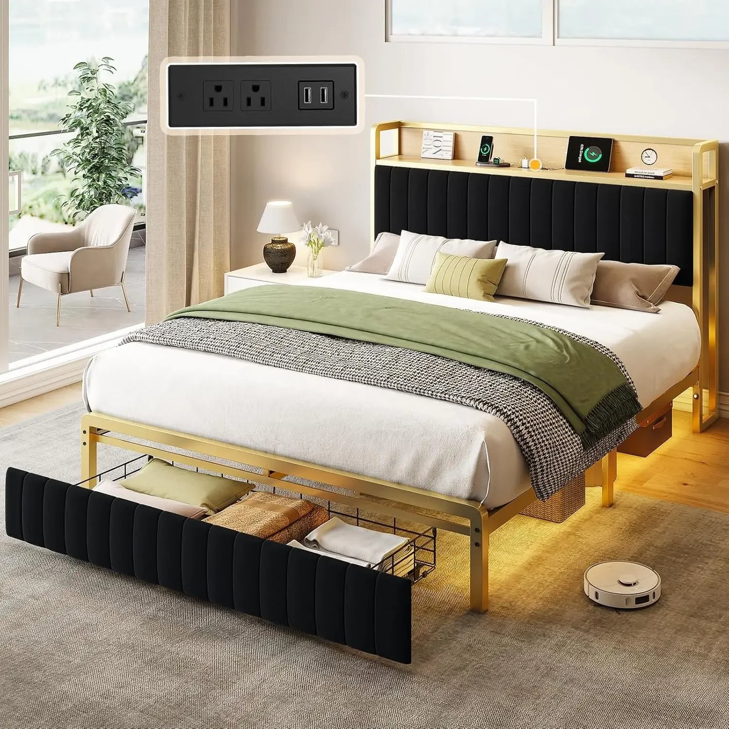 Queen Size Bed Frame with Motion Activated Light, LED Platform Bed with Integrated Drawer and Storage Headboard