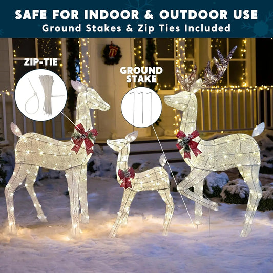 3 Packs Christmas Decoration Deer Family, 360 LED Lighted Reindeers Yard Lights, Christmas Outdoor Decorations for Yard Garden