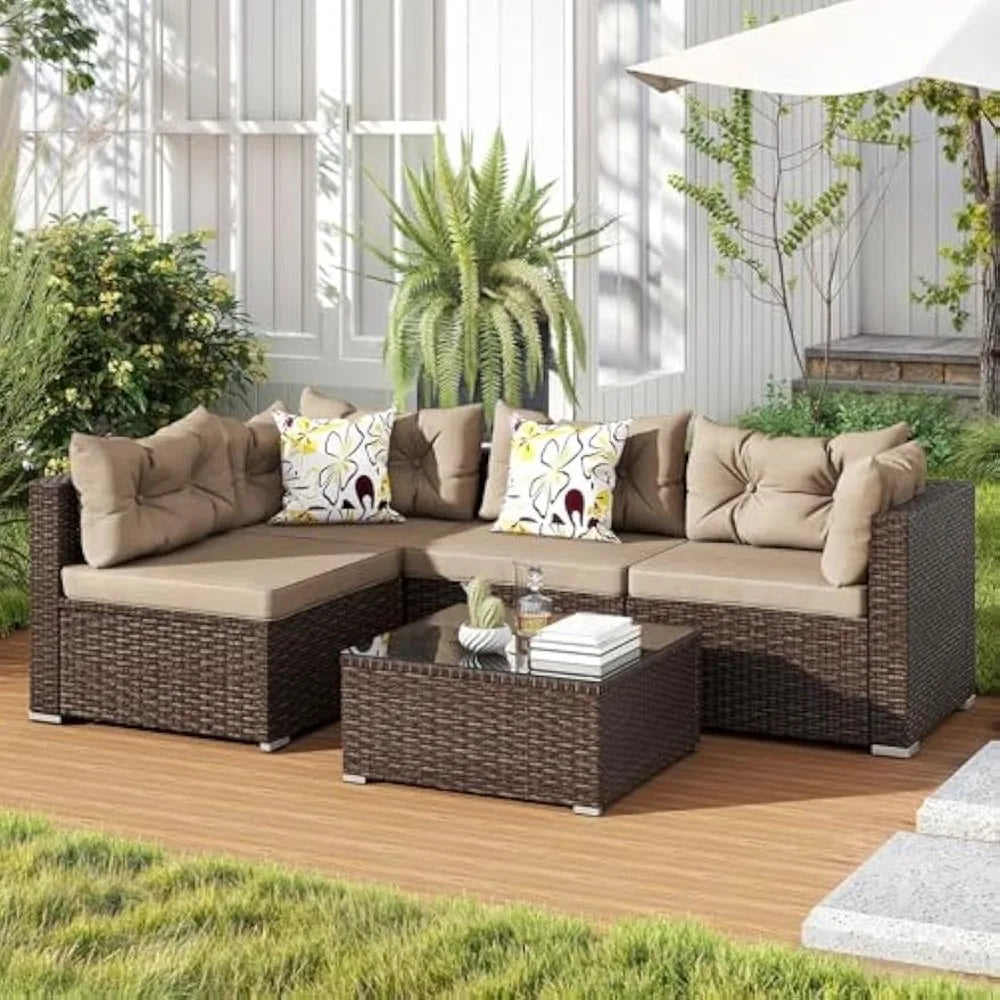 5 Pieces Patio Furniture Set, Wicker Outside Couch with Table for Porch Lawn Backyard , All-Weather PE Rattan Conversation Set