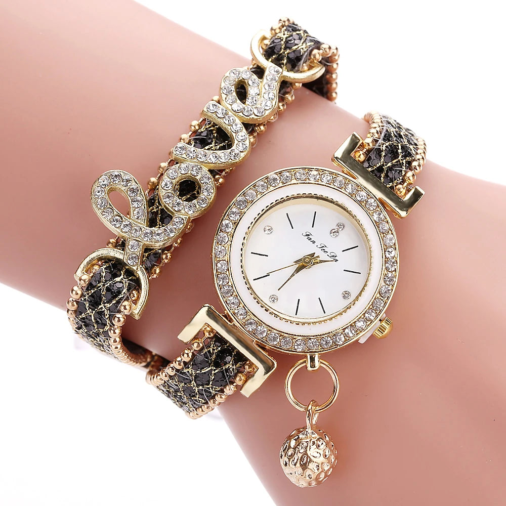 hot sale fashion love style rhinestone wrap leather women wrist watch