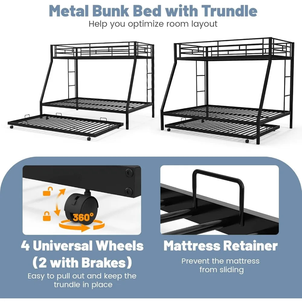 Bunk Bed with Trundle, Heavy-Duty Metal Bunk Bed Frame with Guardrail & 2 Ladders, Space-Saving Bunk Bed for Kids/Teens/Adults