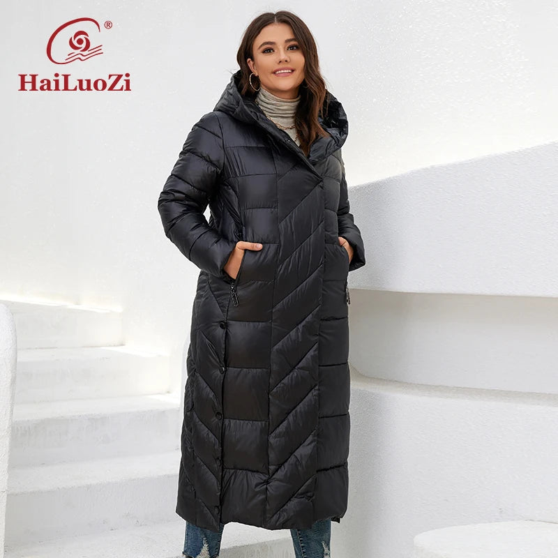 HaiLuoZi 2022 New Winter Women's Jackets Plus Size Mid-length Thick Hood Warm Zipper Belt Classic Casual Women Coat Parkas 6037