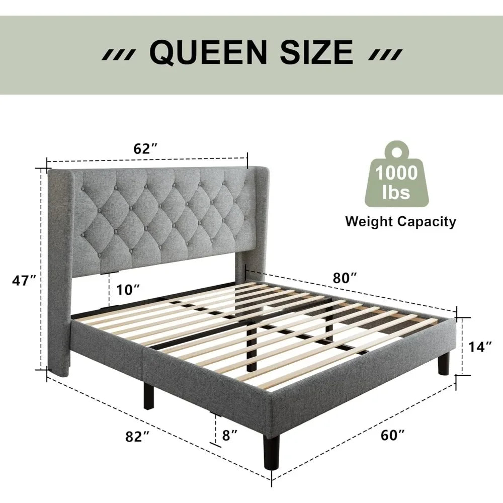 Queen Bed Frame with Upholstered Wingback Headboard, Platform Bed and Heavy Duty Wooden Slats Support, Easy Assembly, Noise-Free