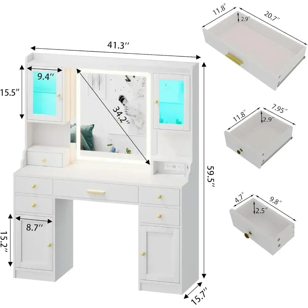 White Vanity Desk with Mirror, Lights and Charging Station with RGB Cabinets and 3 LED Light Modes, Large Makeup Table Set