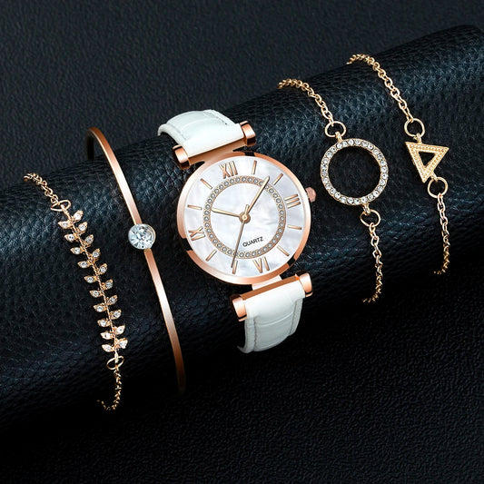 5pcs Women Watch Set Woman Casual Quartz Wristwatch Leather Bracelet Luxury Watch 2022 Gift For Girlfriend Relogio Femenino