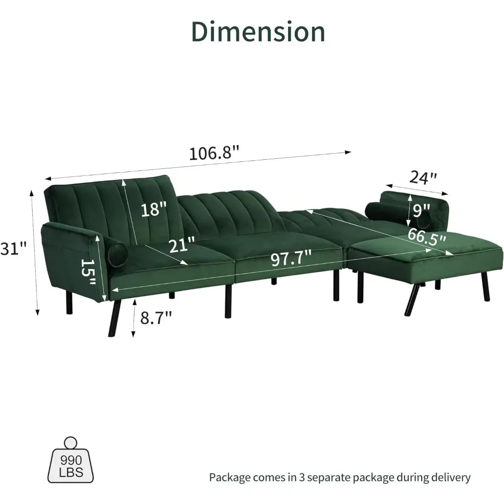 Velvet Sectional Convertible Sofa with Chaise, 106.5" L Shape Sectional Sofa Couch with USB,L Shape Sofa