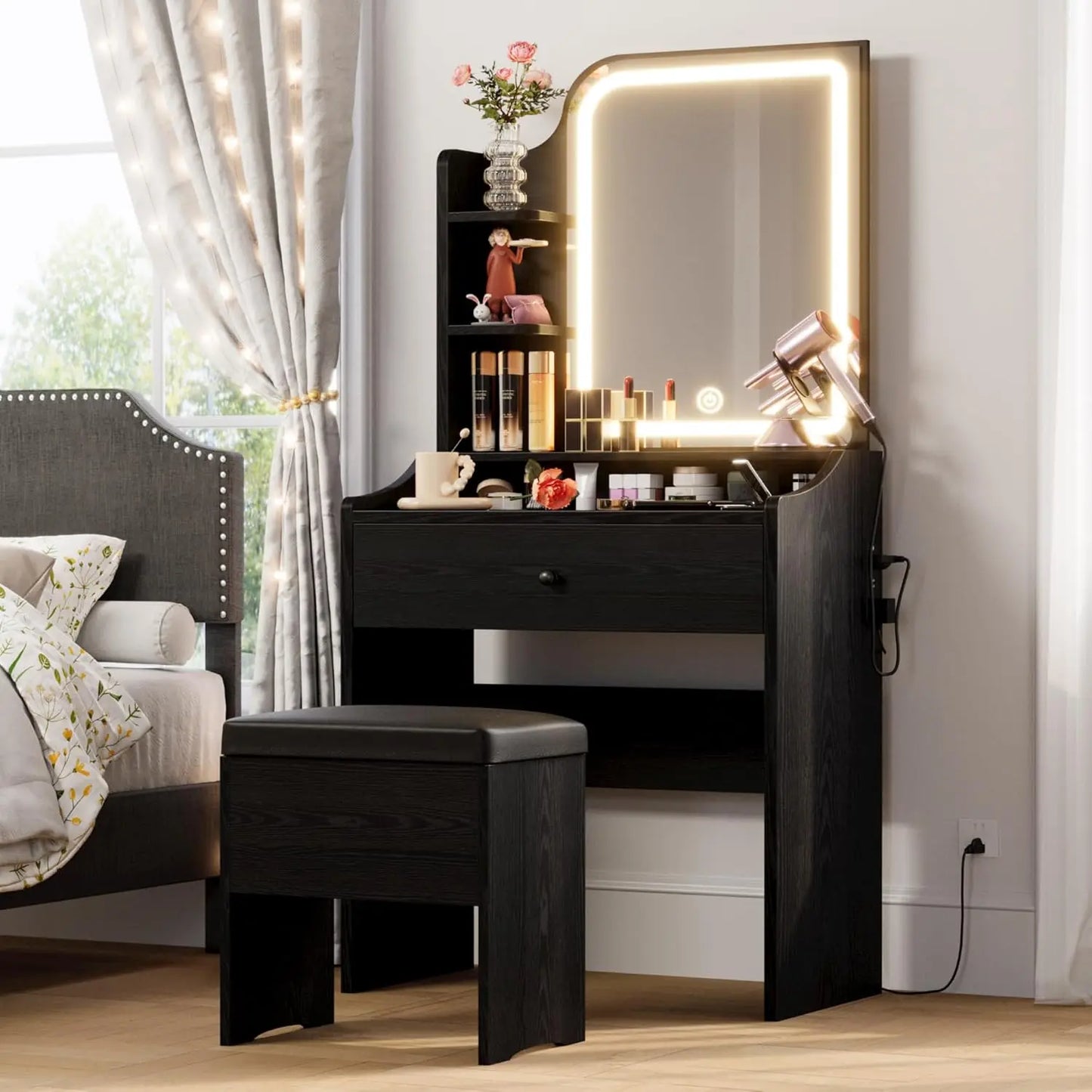 Small Makeup Vanity Desk with Mirror and Lights, Vanity Table Set with Storage Drawer, Chair and Three Shelves, Bedroom,Dressers