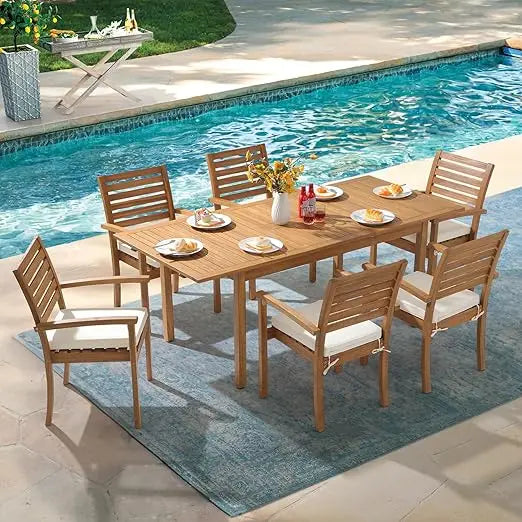 7 Piece Patio Dining Set, Extendable Rectangular Table and 6 Stackable Chairs, Outdoor Acacia Wood Furniture Set