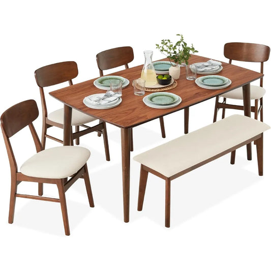 Products 6-Piece Wooden Dining Set, Mid-Century Modern Table & Upholstered Chair Set w/Bench Seat, Suitable for dining rooms