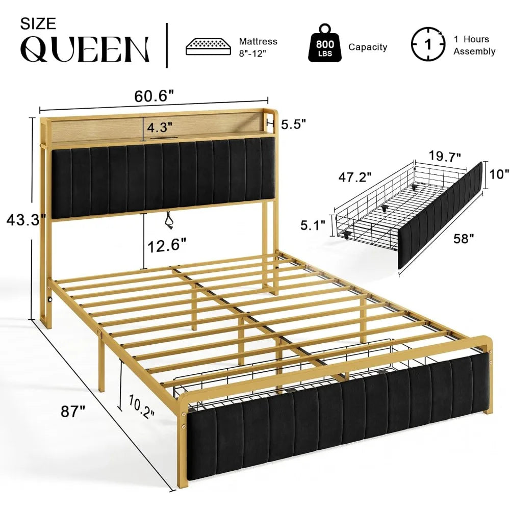 Bed Frame with Motion Activated Light, LED Platform Bed with Integrated Drawer and Storage Headboard Charging Station, Bed Bases