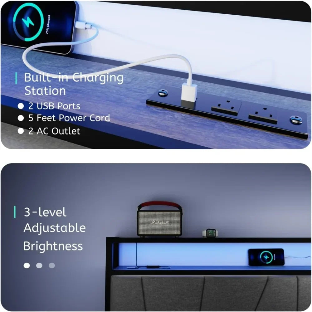 Bed Frame with LED Lights and USB Ports Bed Frame with 2 Drawers Platform Bed with Headboard and Under-Bed Storage free shipping