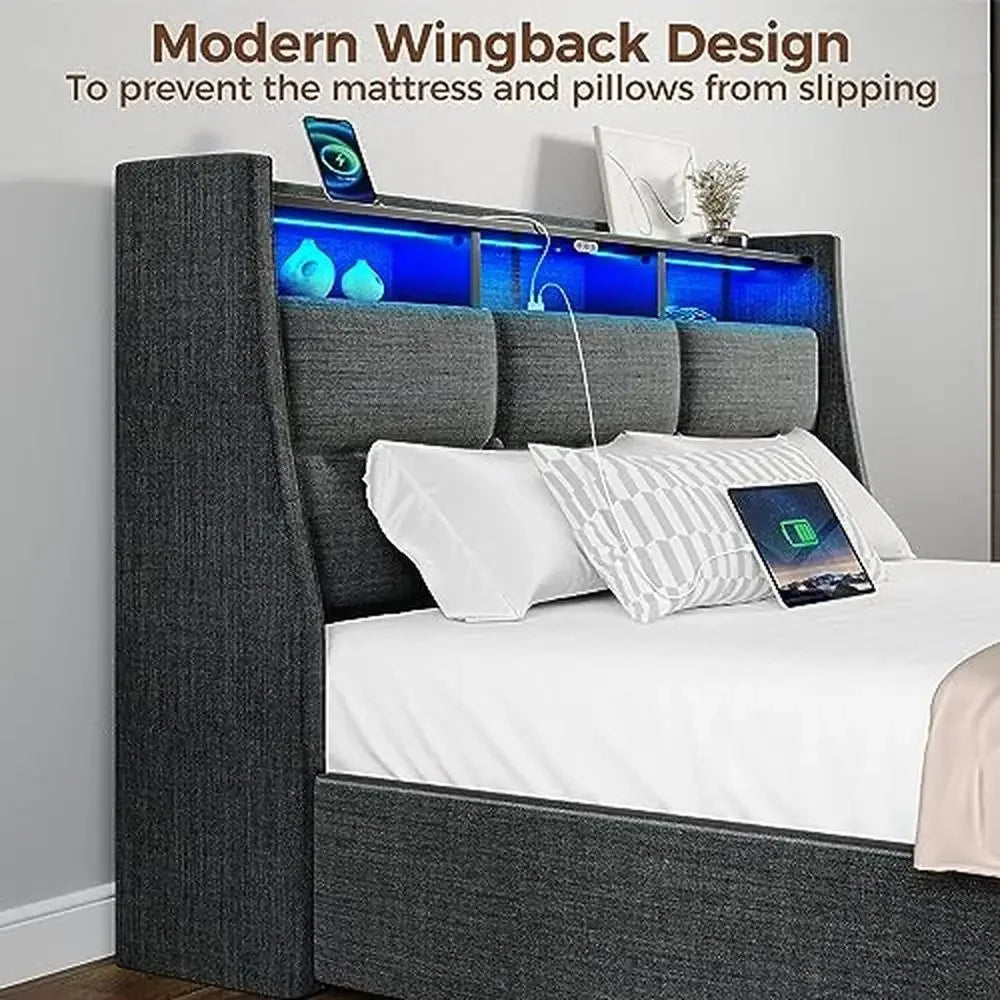 Twin Size Bed Frame with LED Lights USB Charging Station Sliding Drawers Grey Linen Storage Shelf