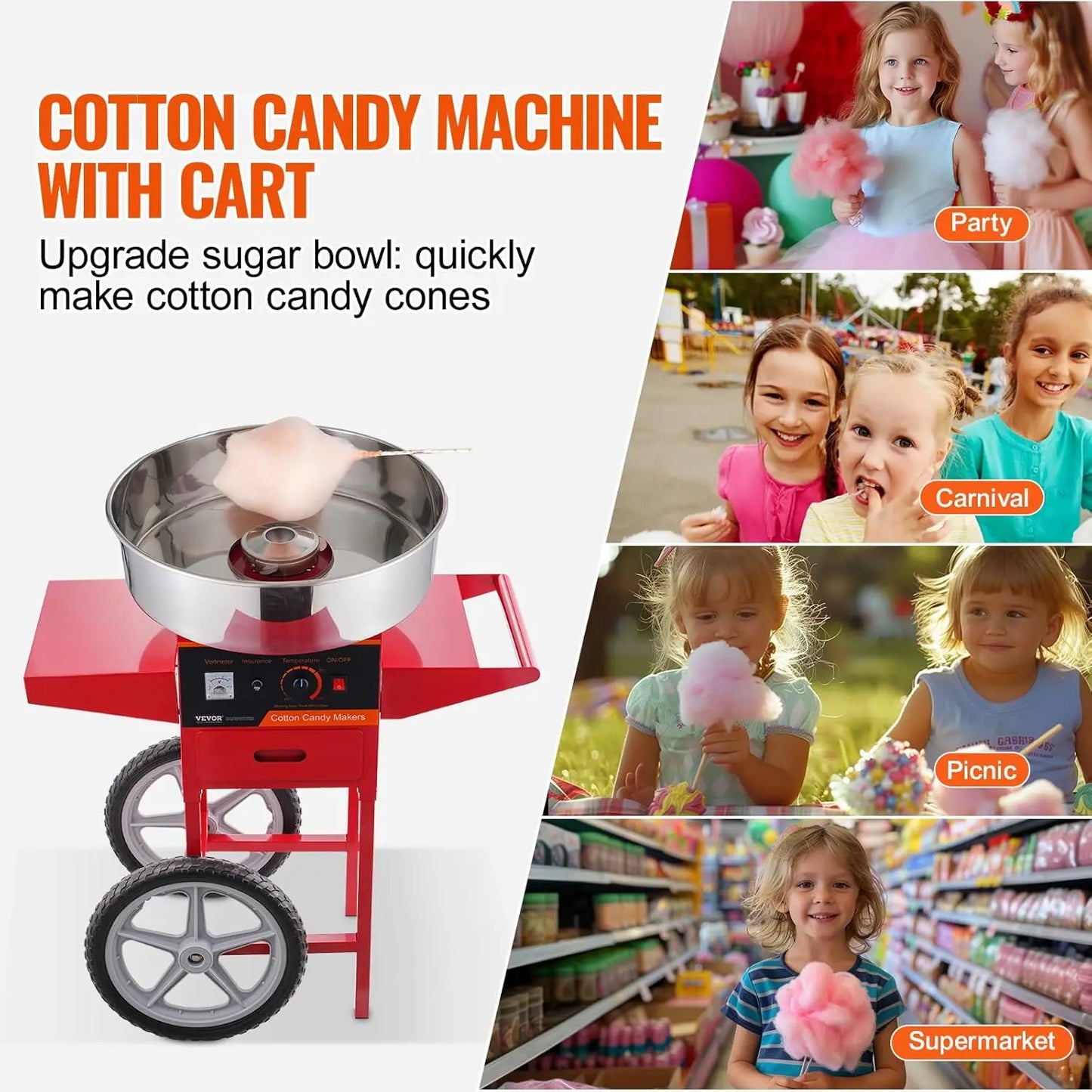 Cotton Candy Machine with Cart, 1000W Commercial Candy Floss Maker with Stainless Steel Bowl, Sugar Scoop and Drawer