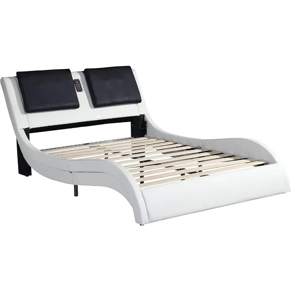 Upholstered Platform Bed Frame with led Lighting,Bluetooth Connection to Play Music Control Backrest Vibration Massage