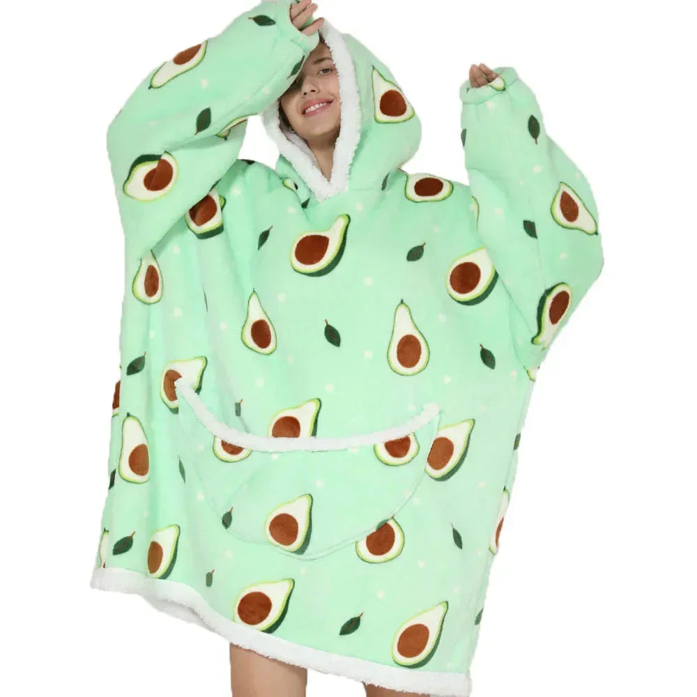 Oversized Blanket Hoodie for Women Men Wearable Blanket Hoodie with Sleeves Cute Cartoon Avocado Print Sweatshirt Winter Clothes